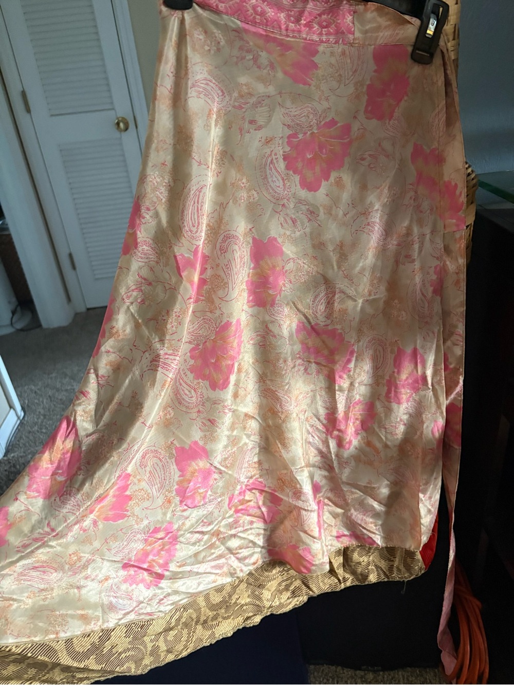 Floral Pink and Gold Reversible Silk Sari Skirt - Picture 2 of 9